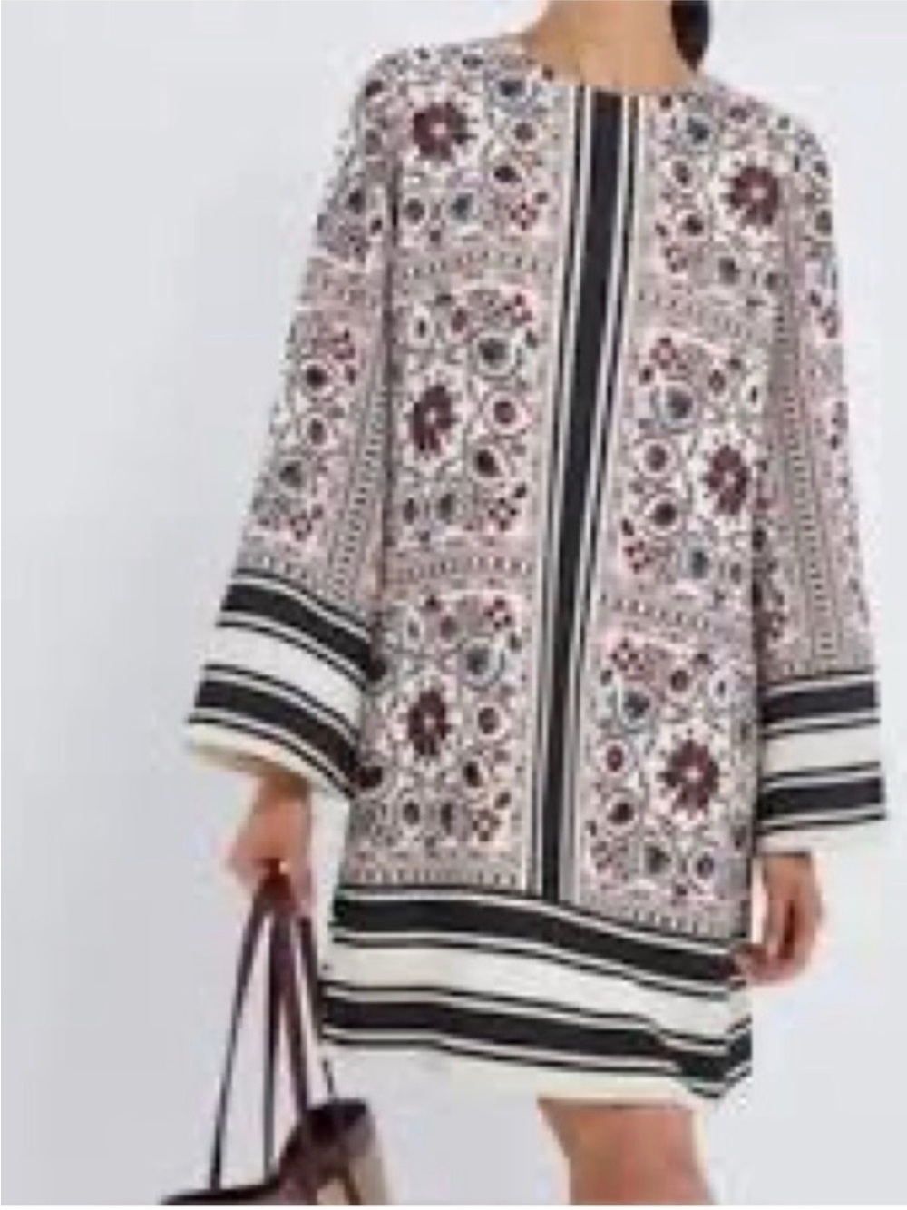 Long-Sleeve Printed Shift Dress in Ivory and Burgundy